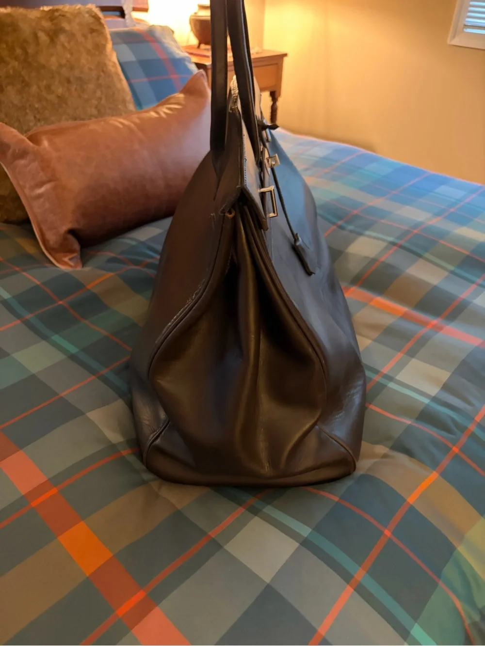 Brown Leather Tote Bag with Silver Hardware